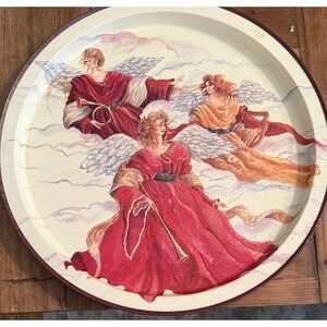 Potpourri Christmas Round Metal Tray With Angels with Beautiful 90s Hair VTG